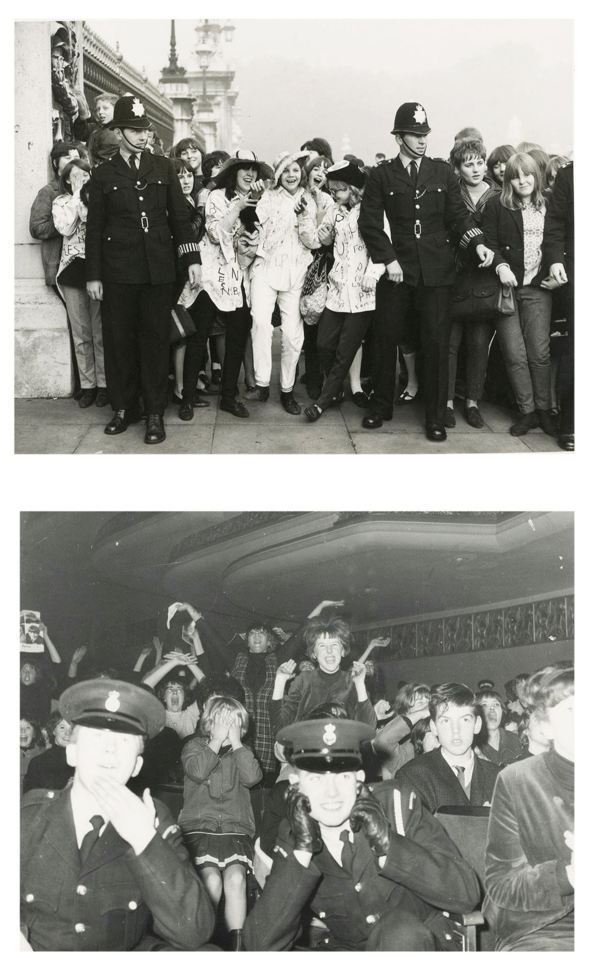 Unidentified photographerThe
Beatles, 1964-1965.
Concert at the Palais de Sports. Beatles fans outside Buckingham Palace. Fans gathering in Liverpool.
Seven vintage silver prints. Some typed captions, agency stamps and annotations on the back.
Sizes : from 20 x 20 to 20 x 31 cmUnidentified

photographerThe
Beatles, 1964-1965.
Concert at the Palais de Sports



.



Beatles fans in front of Buckingham Palace. Fans gathering in Liverpool.
Seven vintage gelatin silver prints. Some typed captions, press stamps and annotations on versos.
Dimensions : from 20 x 20 to 20 x 31 cm









