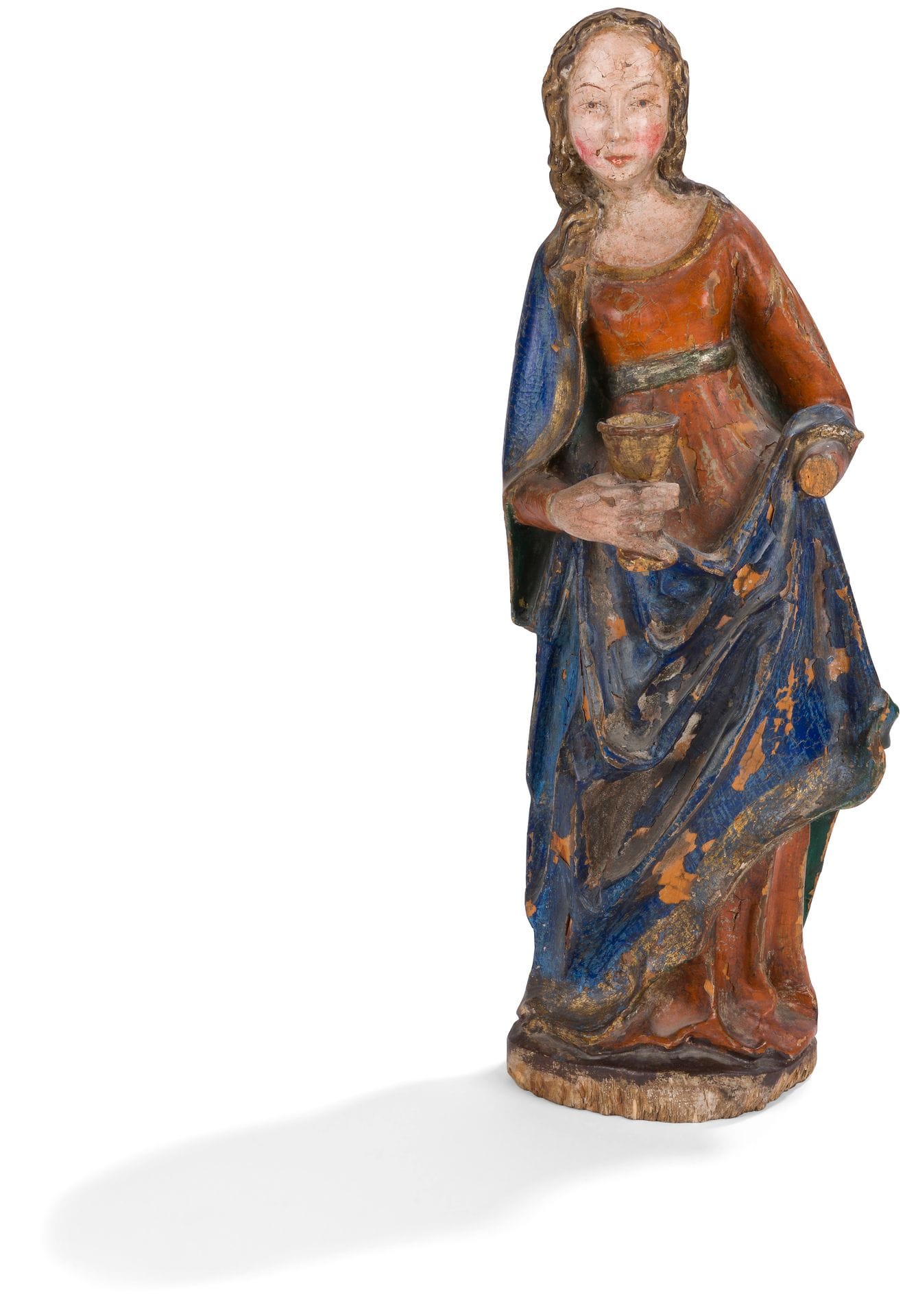 Sainte femme myrophore en bois sculpté en ronde-bosse et polychromé.
XIXe siècle dans le style du XVIe siècle
H : 49 cm
(accidents et manques visibles)