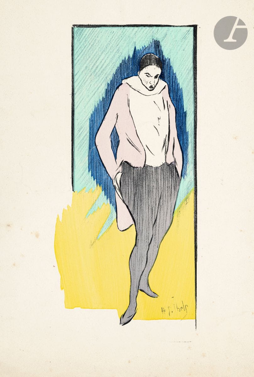
Henri-Gabriel Ibels (1867-1936) 



Mévisto dans « La Mort du propre à rien », paroles de Montoja, musique de Gaston Maquis. Titre de mélodie. Zincographie et coloris au pochoir. 112 x 240. Belle épreuve sur vélin glacé. Rousseurs claires éparses. Courte déchirure en pied. Timbre sec : Ed. Sagot éd. (Lugt 2254). Joint : A. Roubille. Clown. Lithographie. 110 x 240. Impression en couleurs. Épreuve sur vélin glacé. Ens. 2 p.
