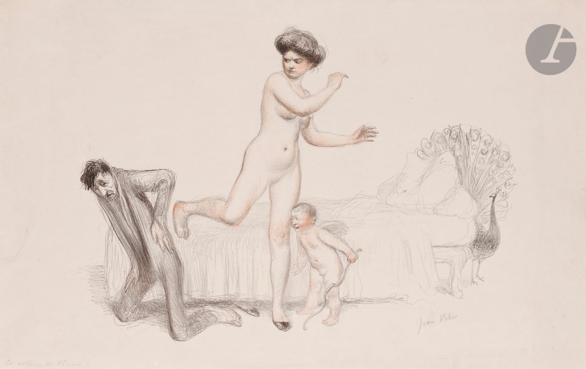 Jean Veber (1868-1928) 
Le Coup de pied de Vénus. 1910. Lithographie. 330 x 240. Veber et Lacroix 111. Impression en couleurs. Bonne épreuve sur vergé, lavée, avec courtes déchirures restaurées aux bords du feuillet, signée au crayon. Traces de plis verticaux légèrement perceptibles. Toutes marges. Tirage à 80 épreuves.