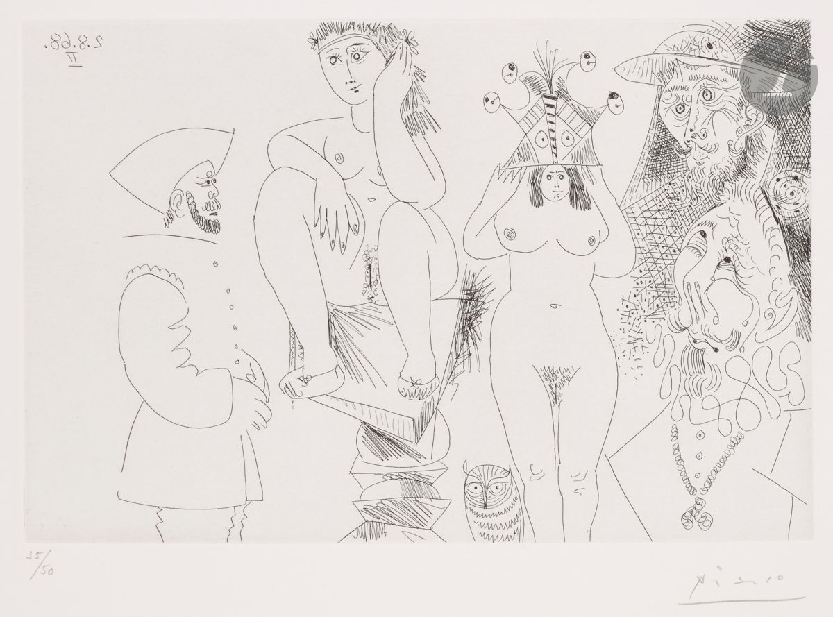 Pablo Picasso (1881-1973)
Suite « Les 347 »
Deux femmes dont une sur une sellette, un hibou, Don Quichotte… (Les 347, pl. 233). 2 août 1968. Eau-forte. 263 x 172. Bloch 1712 ; Baer 1730 B b 1. Parfaite épreuve sur vélin crème, du tirage à 50 épreuves effectué en 1969 pour la galerie Leiris, numérotée et signée au crayon. Toutes marges.
