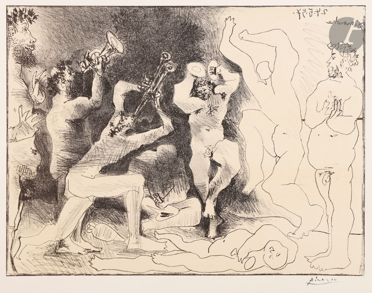 Pablo Picasso (1891-1973) 
La Danse des faunes. 1957. Lithographie. 525 x 406. Impression avec pierre de teinte. Mourlot 291 ; Bloch 830 ; Güse-Rau 638. Très belle et fraîche épreuve sur vélin, du tirage à nombre pour le journal Le Patriote (Nice), avec la signature lithographiée. Infime pli cassé le long du bord inférieur droit. Toutes marges.