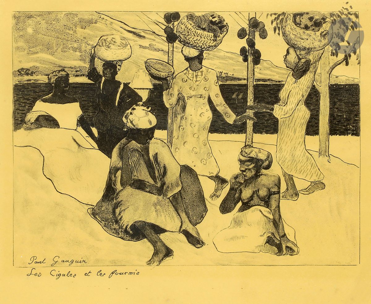 Paul Gauguin (1846-1903) 
Les Cigales et les fourmis – Souvenir de la Martinique. 1889. Zincographie. 261 x 216. Mongan, Kornfeld et Joachim 5 A b. Très belle épreuve du 1er tirage effectué par Ancourt, sur vélin jaune canari, l’indentation du zinc très visible. Minuscules rousseurs éparses. Infimes points d’encre dans la marge inférieure. Bandes claires d’oxydation aux bords du feuillet. Infimes accrocs et une déchirure de 5 mm au bord gauche. Toutes marges [620 x 465]. Tirage indéterminé (30 ou 50 épreuves).

 Provenance : 
Succession Pierre Hautot
Cette planche appartient à une suite de onze gravures réalisées en 1889 par Gauguin dans la technique de la zincographie (variante de la lithographie, sur plaque de zinc). Cette suite fut exposée au Café des Arts tenu par Volpini. Gauguin et ses amis y exposaient en marge de l’Exposition universelle de 1889. La série reste connue sous le nom de « Suite Volpini ». L’artiste y aborde différents paysages, peuples et cultures qu’il a pu étudier à travers ses voyages : en Martinique, en Bretagne ou encore dans le Sud de la France, à Arles. Le rare 1er tirage de ces planches est réalisé sur cet étonnant papier jaune canari. Autour de 1900, le marchand Ambroise Vollard fit réaliser un second tirage sur simili-japon crème, à environ 50 épreuves. 
L’œuvre s’inspire du séjour que Gauguin fit en Martinique en 1887 en compagnie de Charles Laval. Le titre s’inspire évidemment des fables de la Fontaine. Il évoque ainsi une scène de la vie locale et y applique une morale bien connue de ses contemporains européens.