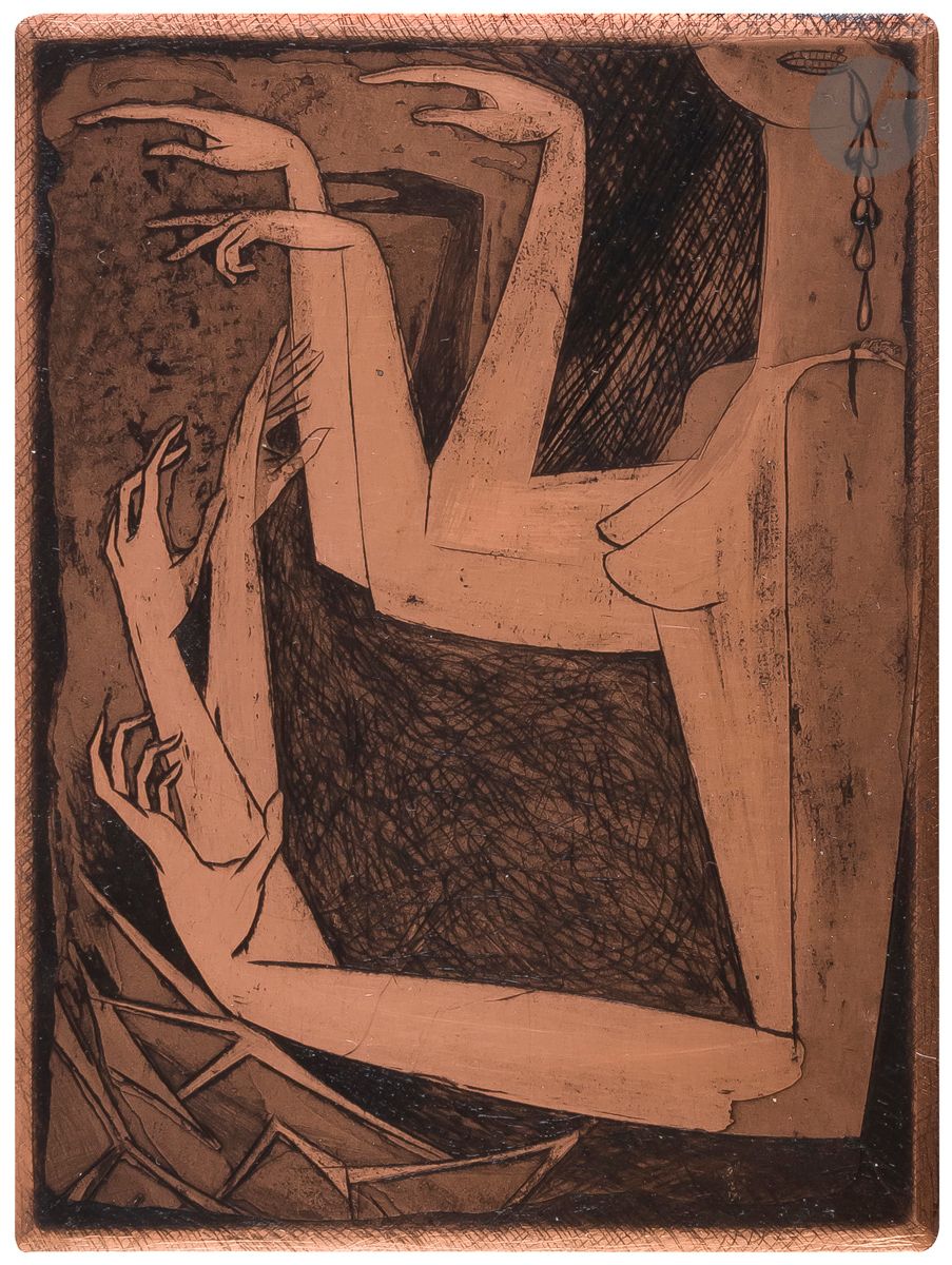
Anton Prinner (1902-1983) 



Woman in profile in bust and hands. (Pl. for La Femme tondue, Paris, A.P.R., 1946). Copper engraved with etching and burin. 95 x 125. Beveled, the corners rounded.



Note: at the request of the artist's successor, Madame Monique Brillant-Tanazacq, this copperplate by Prinner has been crossed out with a small drypoint stroke in the lower left corner of the subject.