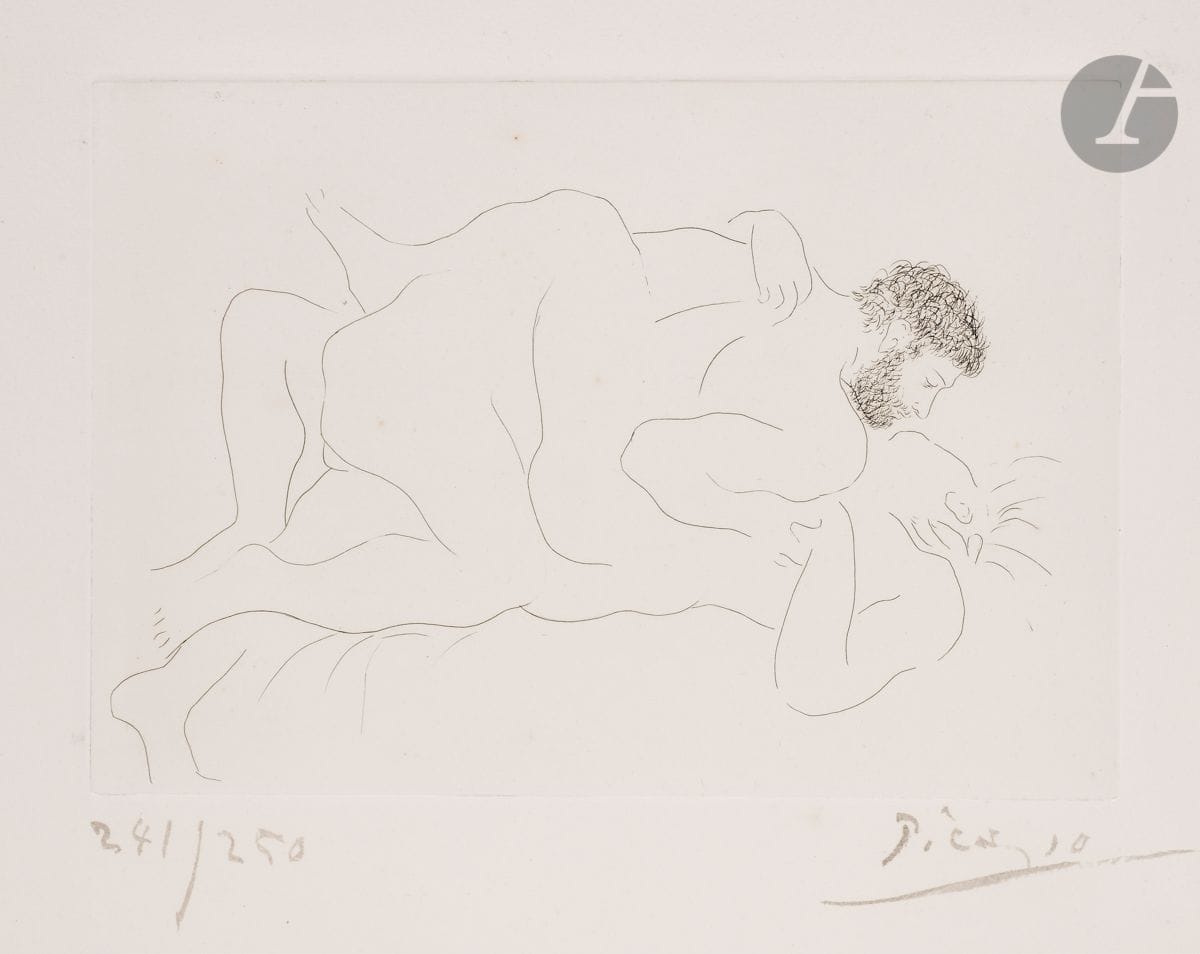Pablo Picasso (1881-1973) 
Man and Woman. 1927. Etching. 280 x 196. Bloch 77; Baer 118 b 2; Johnson 91. Very nice proof on strong white vellum, numbered and signed in brush and sepia ink. A few tiny light freckles (one on the man's side and one above the couple). All margins untrimmed. Edition of 250 proofs. A. Vollard ed.
