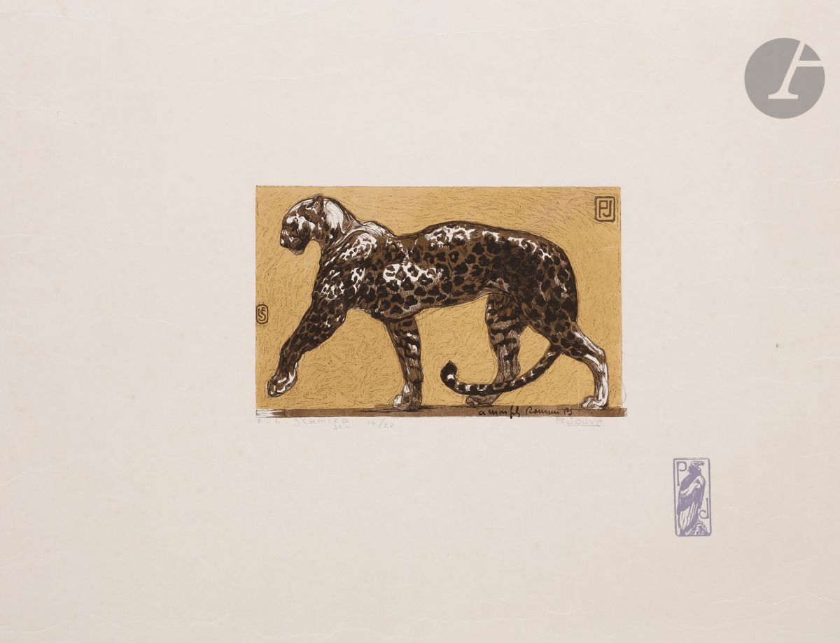 François-Louis Schmied (1873-1941) 
Panthère marchant. Vers 1930. Gravure sur bois d’après Paul Jouve. 215 x 132. Impression en couleurs avec fond bronze doré. Très belle épreuve sur japon, signée au crayon par F.-L. Schmied, numérotée puis revêtue par lui d’une imitation de la signature de P. Jouve. En pied dans le sujet, annotation à la plume et à l’encre : « à mon fils Romain PJ ». Dans la marge droite, timbre violet à l’aigle gravé sur bois avec les initiales de Paul Jouve. Nombreux fins et longs plis cassés dans les grandes marges. Rare. Tirage à 20 épreuves.