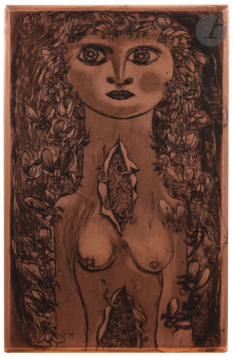 
Anton Prinner (1902-1983) 



Femme de face aux abeilles. (Pl. pour La Femme tondue, Paris, A.P.R., 1946). Variante non publiée. Cuivre gravé à l’eau-forte et au burin. 95 x 155. Biseauté, les angles arrondis.



Note : à la demande de l’ayant droit de l’artiste, Madame Monique Brillant-Tanazacq, ce cuivre de Prinner a été biffé d’un petit coup de pointe sèche dans l’angle inférieur gauche du sujet.