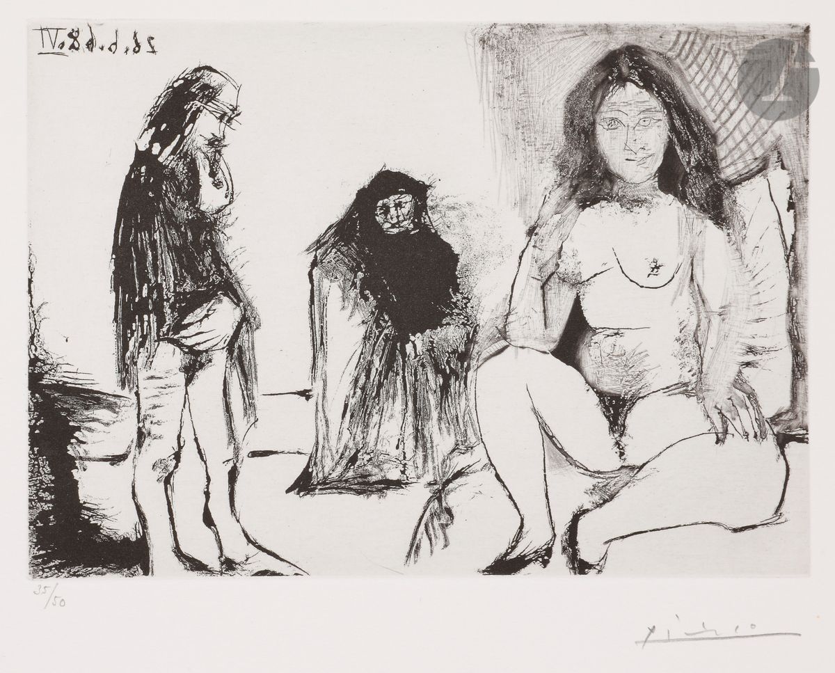 Pablo Picasso (1881-1973
)Suite "The 347"
A

pensive man in a young woman's home with Celestine. (The 347, pl. 193). June 26, 1968. Aquatint with sugar. 208 x 148. Bloch 1673; Baer 1689 IV B b 1. Perfect proof on cream vellum, from an edition of 50 proofs made in 1969 for the Leiris gallery, numbered and signed in pencil. All margins.

