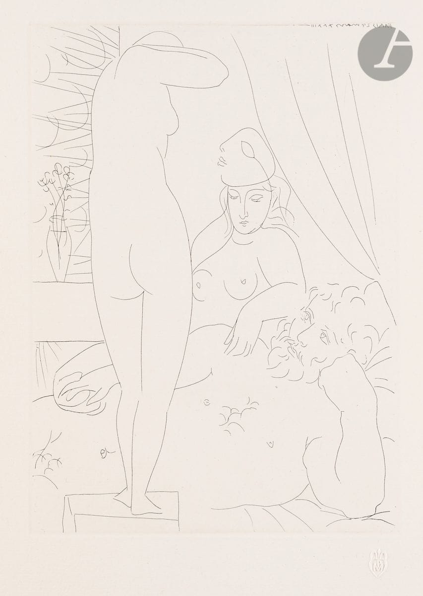 Pablo Picasso (1881-1973) 
 Suite Vollard
Le Repos du sculpteur et le modèle au masque. (Suite Vollard, pl. 50). 27 mars 1933. Eau-forte. 194 x 267. Bloch 159 ; Baer 312 B d. Parfaite épreuve sur vergé de Montval filigrané « Picasso », du tirage à petites marges à 260 épreuves [340 x 445], non signée. Très légère oxydation aux bords du feuillet. Toutes marges non ébarbées.