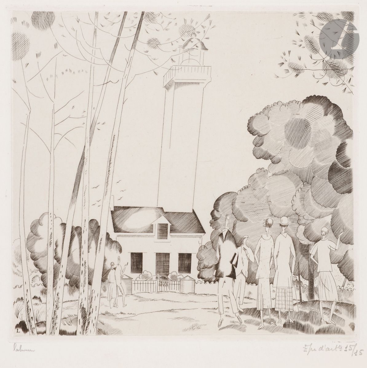 Jean-Émile Laboureur (1877-1943) 
The Walk to the Lighthouse. 1925. Burin. 183 x 168. Laboureur 302. Very nice proof on thin white vellum, signed in pencil by the artist and annotated by the publisher "Epr. d'artte 15/15". All margins. Total edition at one hundred proofs. Dry stamp : H. Petiet éditeur (Lugt 2021a).
