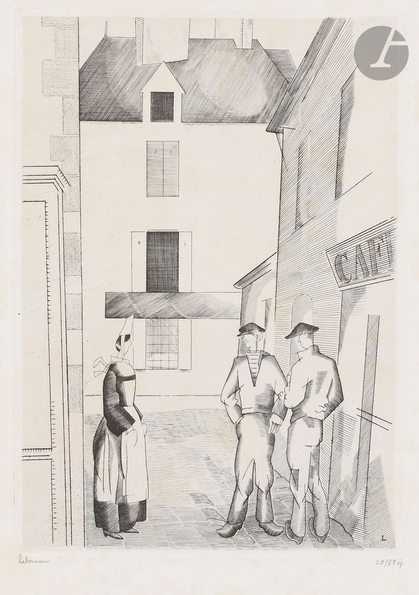 Jean-Émile Laboureur (1877-1943) 
La Ruelle. 1927-1928. Burin. 150 x 210. Laboureur 359. Très belle épreuve sur vélin blanc mince, signée et numérotée au crayon. Larges rousseurs très claires. Toutes marges. Tirage à 58 épreuves. Joint : Les Deux chaumières. 1927-1928. Eau-forte. 148 x 112. Laboureur 356. Très belle épreuve sur vélin blanc, dédicacée au crayon « à A. Vernant / cordialement » et signée. Toutes marges. Ens. 2 p.