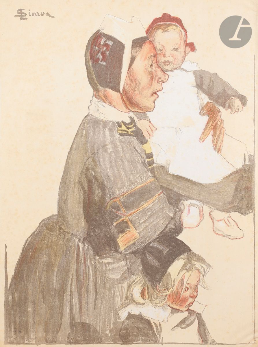 Lucien Simon (1861-1945) 
Vieille bretonne conduisant des enfants. 1897. Lithographie. 420 x 560. Johnson 139. Impression en couleurs. Très belle épreuve sur chine volant. Rousseurs claires et ondulations dans les angles à droite (causées par l’onglet de montage). Toutes marges. Tirage à 100 épreuves pour l’Album d’estampes originales de la Galerie Vollard.