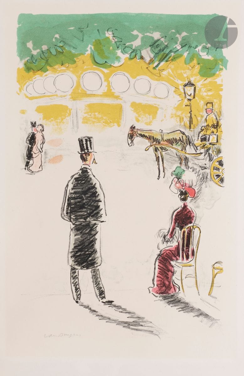 Kees van Dongen (1877-1968) 
The Carrousel and the carriage, or 1900. About 1950. Lithograph. 270 x 425 [380 x 550]. Juffermans (2003) L 27. Printed in colors. Very nice proof on vellum, signed in pencil, carefully washed (with framer's inscriptions in pencil attached to the reverse). Light trace of oxidation at the opening of an old mat. All margins. Without the dry stamp of the Guilde de la Gravure, publisher.
