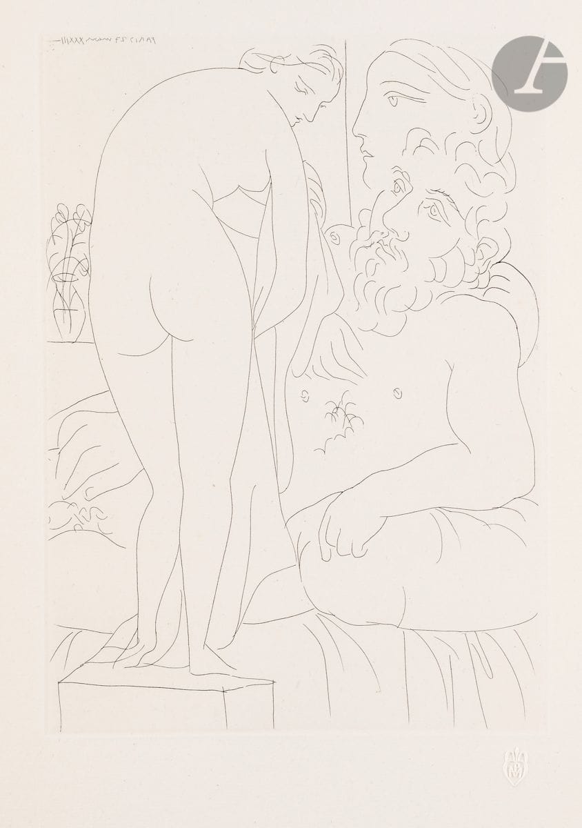 Pablo Picasso (1881-1973) 
 Suite Vollard
Le Repos du sculpteur devant un nu à la draperie. (Suite Vollard, pl. 51). 27 mars 1933. Eau-forte. 194 x 267. Bloch 160 ; Baer 313 B d. Parfaite épreuve sur vergé de Montval filigrané « Vollard », du tirage à petites marges à 260 épreuves [340 x 445], non signée. Très légère oxydation aux bords du feuillet. Toutes marges non ébarbées.