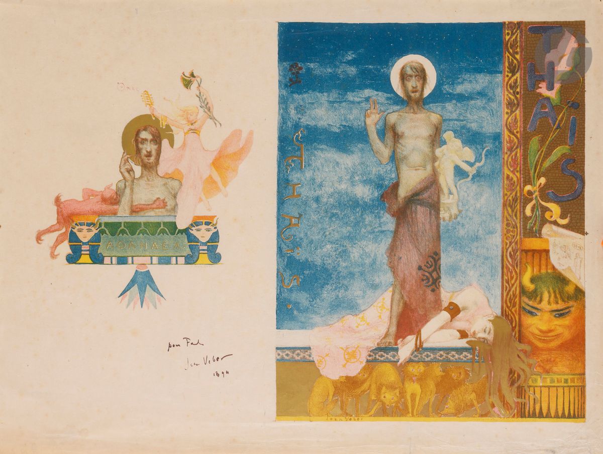 Jean Veber (1868-1928) 
Thaïs – Athanaël (1er et dernier plats d’une couverture de mélodie). 1893. Lithographie. 400 x 290. Veber et Lacroix 1. Impression en couleurs et à l’encre bronze doré. Très belle épreuve sur vélin mince, dédicacée à l’encre « Pour Paul » signée et datée « 1894 ». Quelques rousseurs claires éparses. Nombreux fins plis cassés aux bords du feuillet. 

 Il s’agit de projets d’illustration pour la partition de Jules Massenet. Thaïs est une comédie lyrique dont ce dernier écrivit la musique. Le texte était composé de poèmes de Louis Gallet, d’après le roman d’Anatole France. L’édition de cette partition était envisagée par la maison Heugel, qui opta finalement pour un sujet plus sobre, inspiré des profils égyptiens (dont le 2e est cependant, comme les deux figures de notre sujet, un autoportrait réaliste, et même misérabiliste, de Jean Veber).