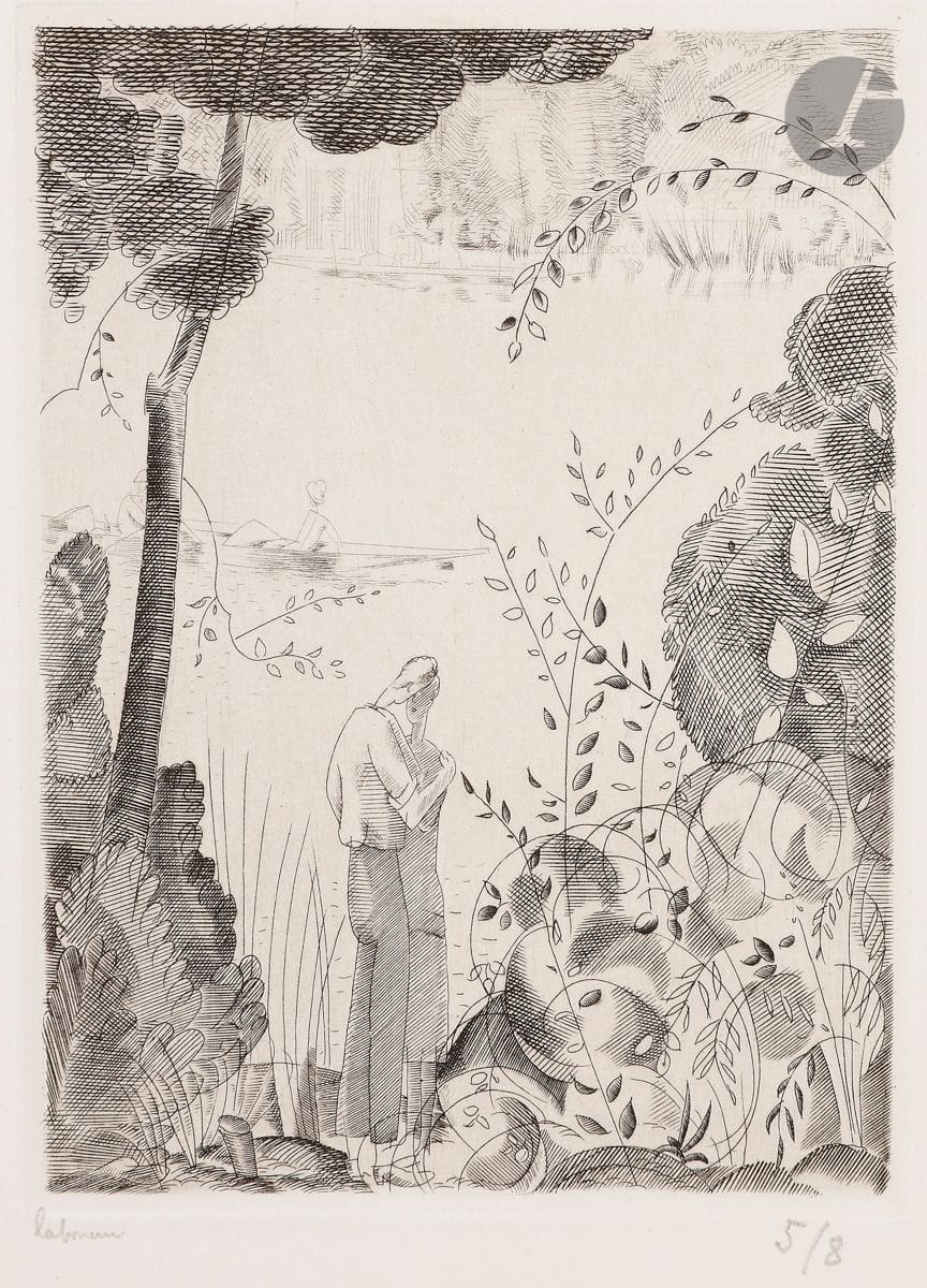 Jean-Émile Laboureur (1877-1943) 
Les Amoureux du bord de l’eau. 1925. Burin. 112 x 155. Laboureur 311. Réunion de 3 épreuves sur différents papiers, l’une du 2e état (sur 3), avant divers travaux, les deux autres de l’état définitif, toutes signées au crayon, diversement annotées. Timbre sec : H. Petiet éditeur (Lugt 2021a) à la 1re.