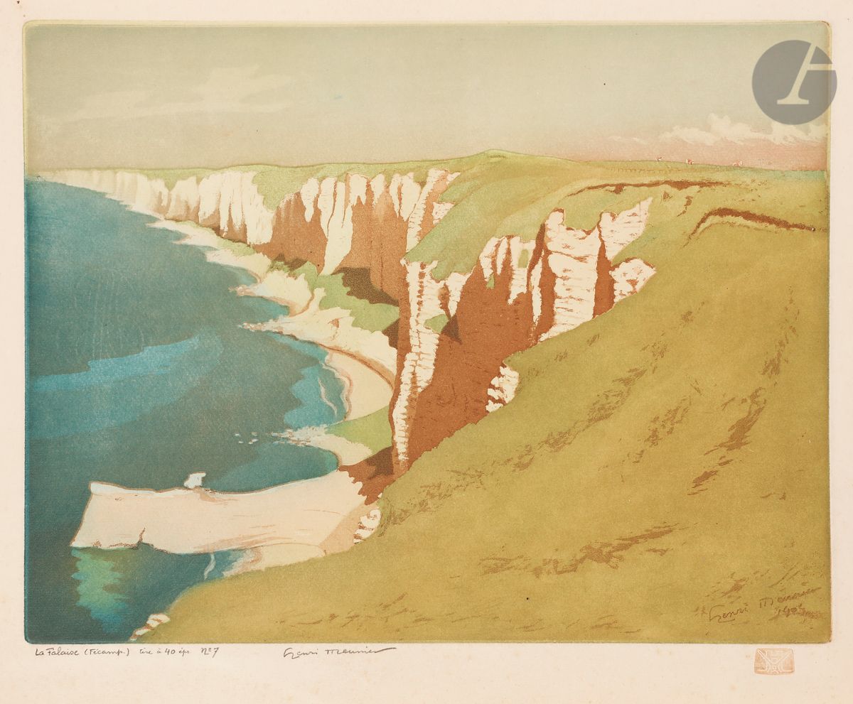 Henri Meunier (1873-1922) 
La Falaise (Fécamp). 1904. Aquatinte. 333 x 254. Impression en couleurs. Belle épreuve sur vergé, titrée, annotée « tiré à 40 épr. N° 7 », signée au crayon et revêtue du timbre rouge de l’artiste (Lugt non décrit). Légères traces de plis, oxydation et quelques rousseurs. Toutes marges.