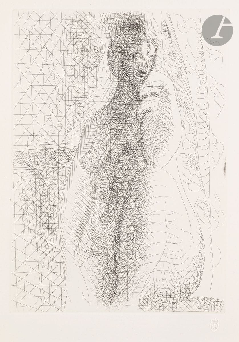 Pablo Picasso (1881-1973) 
 Suite Vollard
Femme nue à la jambe pliée. (Suite Vollard, pl. 8). 9 juillet 1931. Eau-forte. 223 x 312. Bloch 141 ; Baer 208 B d. Parfaite épreuve sur vergé de Montval filigrané « Vollard », du tirage à petites marges à 260 épreuves [340 x 445], non signée. Très légère oxydation aux bords du feuillet. Toutes marges non ébarbées.