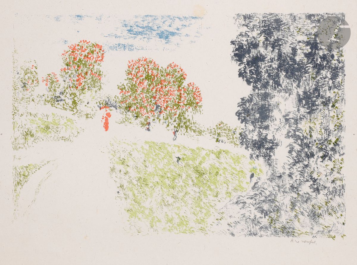 Ker-Xavier Roussel (1867-1944) 
Woman in red in a landscape. (Pl. of the Landscapes suite). 1898. Autograph. 350 x 235. Salomon 15; Johnson 134-2. Printed in colors. A very fine proof on chine volant, signed in pencil. A few small foreign bodies inherent to the texture of the paper, including one forming a rust spot on the reverse (imperceptible on the front). All margins. Edition of 100 proofs. A. Vollard ed.
