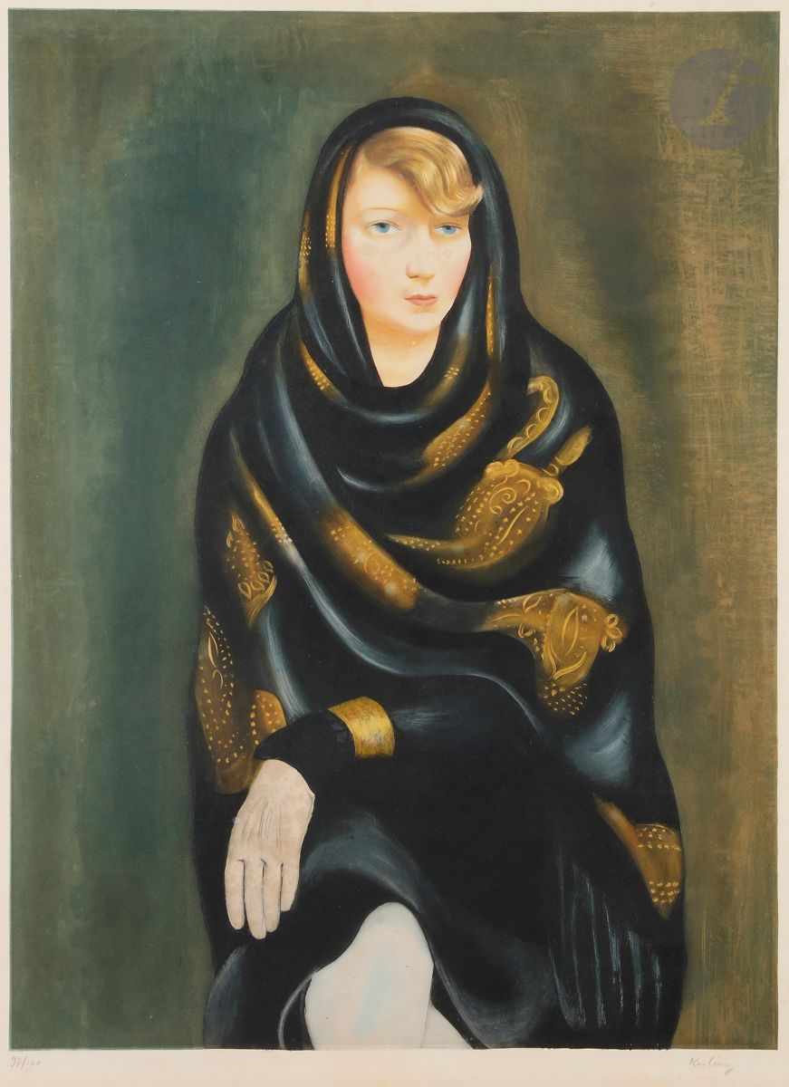 Moïse Kisling (1891-1953) 
Sonia. Vers 1925. Aquatinte. 440 x 600. Impression en couleurs. Très belle épreuve sur japon fort, numérotée et signée au crayon. Légère oxydation du feuillet et petites rousseurs. Toutes marges. Tirage à 100 épreuves.