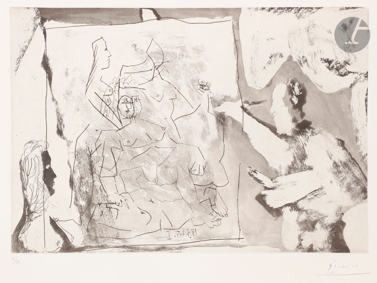 Pablo Picasso (1881-1973) 
In the studio: painting with four women. March 13, 1965. Aquatint, direct etching and drypoint. 470 x 320. Bloch 1219; Baer 1201 B b 1. A very fine proof on Richard de Bas ivoire vellum, from the edition of 50 proofs made for the Leiris gallery in 1966, numbered and signed in pencil. Bands of oxidation along the edges of the sheet. All margins untrimmed.
