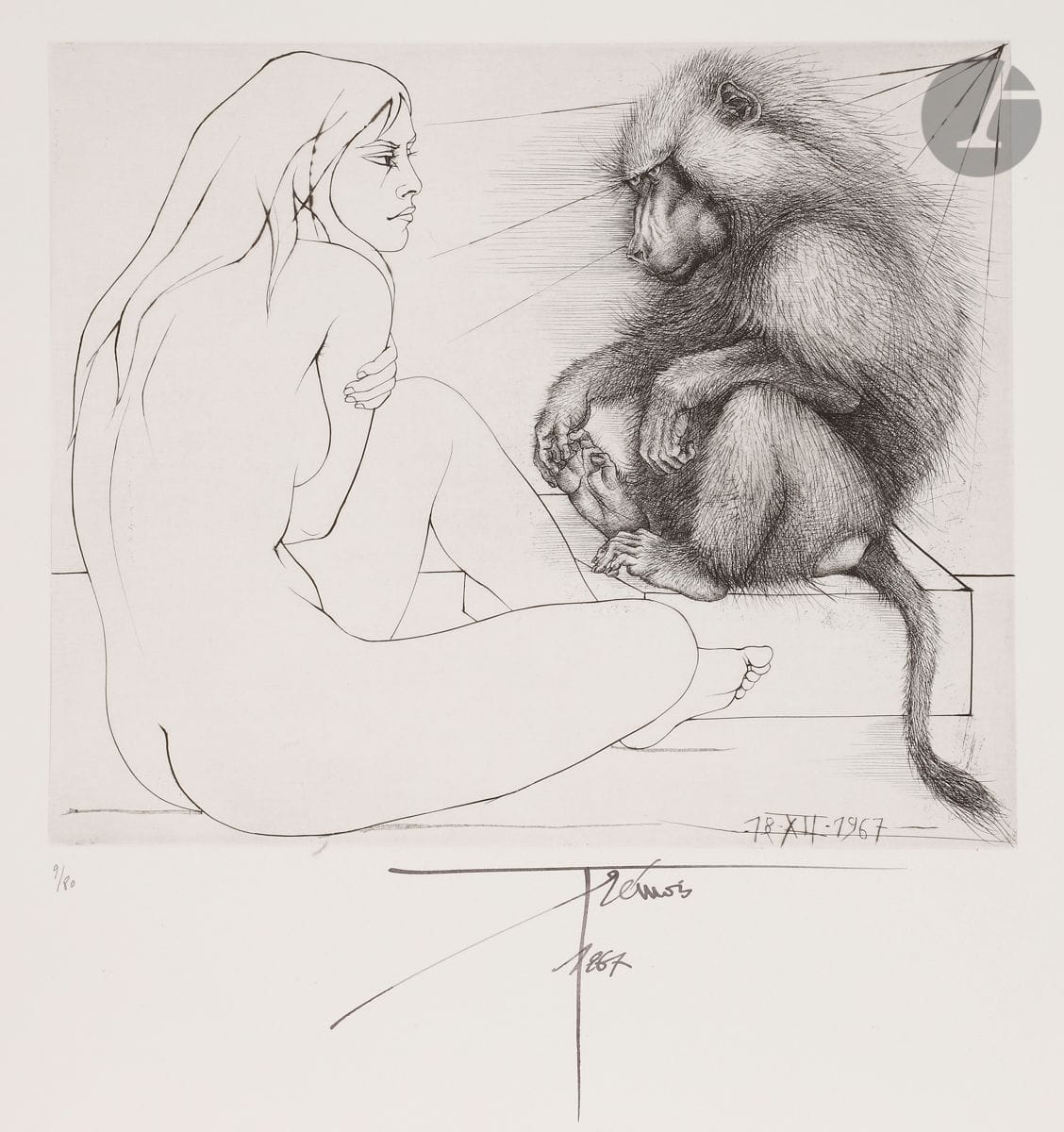 Pierre-Yves Trémois (1921-2020) 
Woman and baboon. 1967. Burin and drypoint. 298 x 248. Perfect proof on vellum, numbered in pencil, signed and dated in pen and ink, with a dedication in pencil at the foot. All margins. Edition at 80 proofs.
