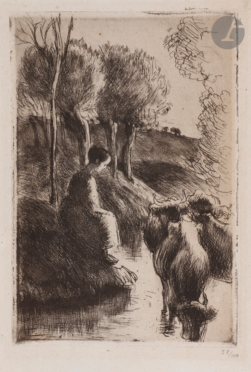 Camille Pissarro (1830-1903) 
Vachère au bord de l’eau. 1890. Pointe sèche. 132 x 198. Delteil 93. Belle épreuve sur vergé ancien mince, les bords du cuivre très encrés, numérotée au crayon, lavée, un peu grise. Trace claire d’oxydation à l’ouverture d’un ancien montage. Traces de colle aux bords du feuillet au verso. Tirage à 100 épreuves, antérieur à celui de la Gazette des Beaux-Arts (1904). Toutes marges (bords irréguliers d’origine).