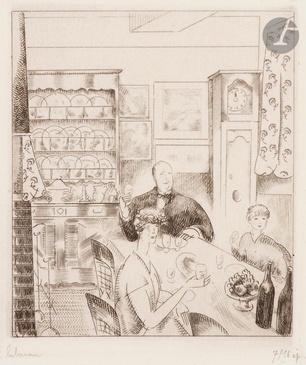 Jean-Émile Laboureur (1877-1943) 
L’Artiste et sa famille. (Carte de vœux pour 1926). 1925. Eau-forte et burin. 94 x 114. Laboureur 318. Réunion de 2 parfaites épreuves, l’une du 1er état (sur 3) avant divers travaux, sur vergé ancien azuré, signée et numérotée puis titrée au crayon en pied, l’autre du 2e état, avant la lettre, signée et numérotée au crayon. Toutes marges. Tirage respectif à 15 et 16 épreuves. Timbre sec : H. Petiet éditeur (Lugt 2021a) à la 2e. Joint : La Pêcheuse au crabe. (Carte de vœux pour 1929). 1928. Burin. 104 x 111. Laboureur 383. Très belle épreuve sur simili-japon, du 1er état (sur 2), avant la lettre, signée au crayon. Toutes marges. Ens. 3 p.