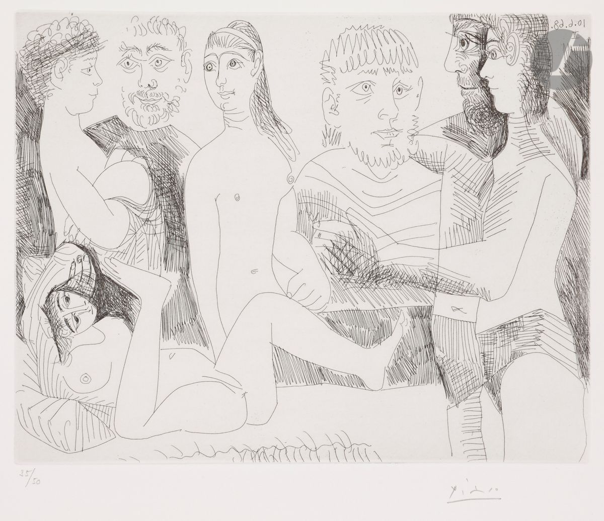 Pablo Picasso (1881-1973)
Suite « Les 347 »
Femme faisant la sieste, entourée de spectateurs. (Les 347, pl. 154). 10 juin 1968. Eau-forte. 290 x 223. Bloch 1634 ; Baer 1650 B b 1. Parfaite épreuve sur vélin crème, du tirage à 50 épreuves effectué en 1969 pour la galerie Leiris, numérotée et signée au crayon. Toutes marges.