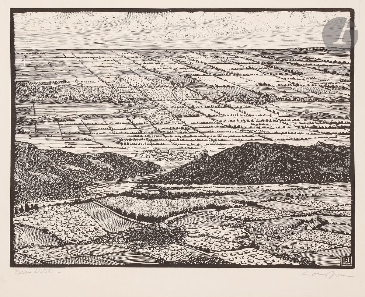 Louis Jou (1881-1968) 
Les Baux. 1942. Bois gravé. 393 x 295. I.F.F. 94. Très belle épreuve sur vélin, annotée « Epreuve d’etat » et signée au crayon. Toutes marges.