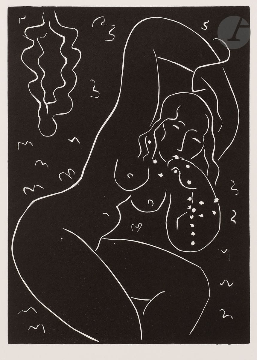 Henri Matisse (1869-1954) (after) 
Nude with bracelet. About 1960. Lithograph after the 1940 linoleum print (Duthuit-Garnaud 725). 178 x 244. Perfect proof on white vellum. All margins [284 x 380].
