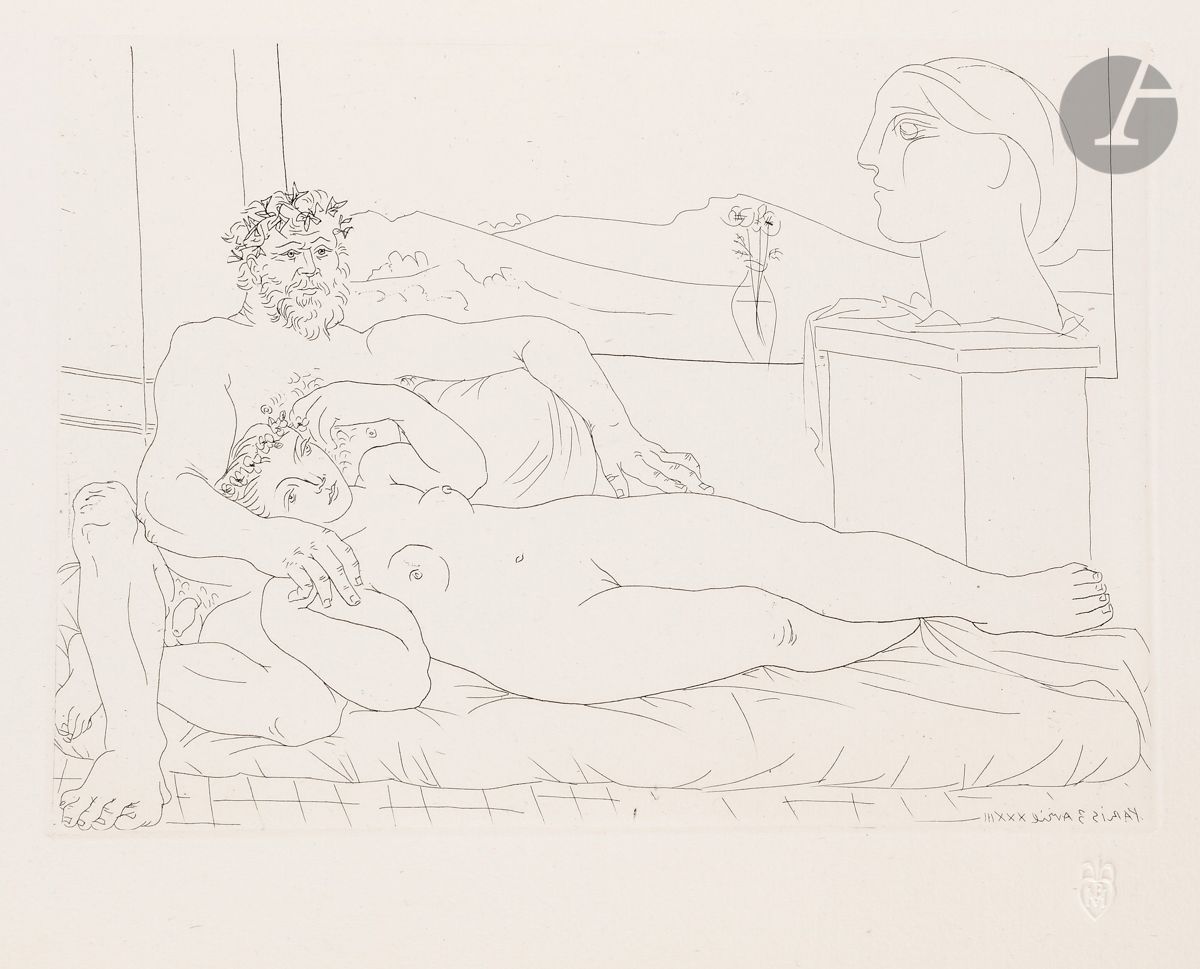 Pablo Picasso (1881-1973) 
 Suite Vollard
Le Repos du sculpteur. (Suite Vollard, pl. 63). 3 avril 1933. Eau-forte. 365 x 299. Bloch 172 ; Baer 325 B d. Parfaite épreuve sur vergé de Montval filigrané « Picasso », du tirage à petites marges à 260 épreuves [445 x 340], non signée. Très légère oxydation aux bords du feuillet. Petite amincissure circulaire en marge droite, visible uniquement par transparence, inhérente à la fabrication du papier. Toutes marges non ébarbées.