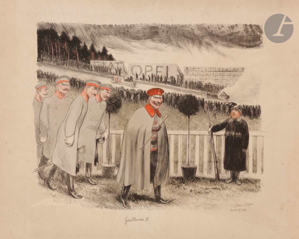 Jean Veber (1868-1928) 
Guillaume II au Taunus, ou Vision d’Allemagne. 1907. Lithographie. 380 x 305. Veber et Lacroix 120. Impression en couleurs. Belle épreuve sur vélin, titrée « Guillaume II », signée et annotée « Hambourg 1907 », collée en plein sur carton. Nombreuses rousseurs claires éparses. Toutes marges. Tirage à 100 épreuves.