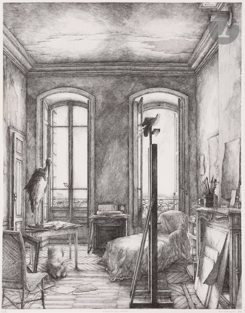 Érik Desmazières (né en 1948) 
L’Atelier de Marc-Antoine. 1986. Eau-forte. 500 x 645. Fitch 84. Très belle épreuve sur vélin, numérotée, signée et datée au crayon. Marges. Tirage à 90 épreuves. Cadre.
