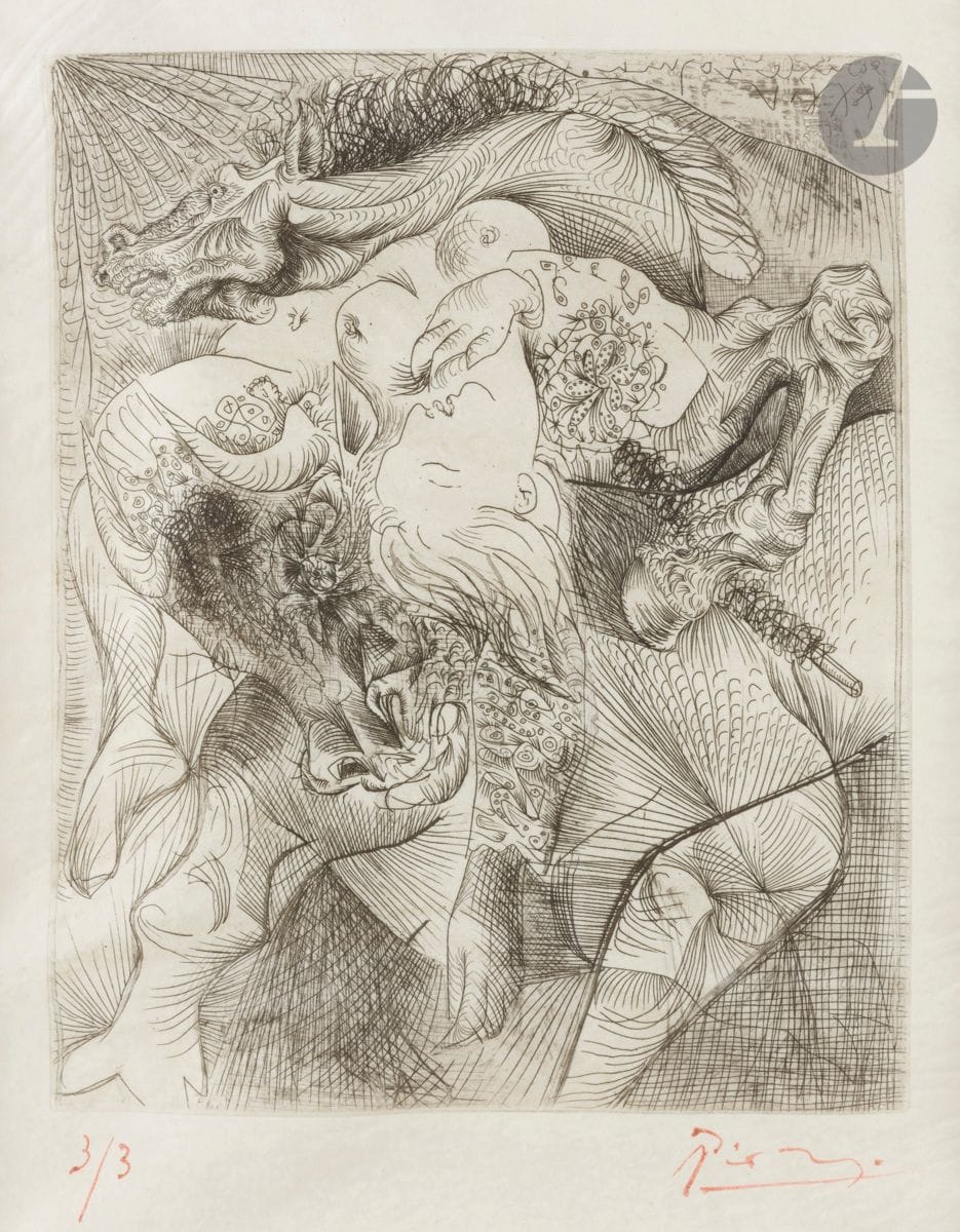 Pablo Picasso (1881-1973) 
Marie-Thérèse as a bullfighter woman. (Vollard Suite, pl. 22). 1934. Etching. 230 x 285 (dimensions slightly different from those given by Baer due to the natural shrinkage of the parchment). Bloch 220; Baer 426 B b. A very fine proof, one of 3 printed on parchment, numbered and signed in brush and red ink, matted with a gummed paper strip at the head on the reverse. Many undulations (due to the nature of the support). Very slight marginal oxidation. All margins [392 x 497]. Edition of 50 proofs on vergé de Montval with large margins, 260 with small margins. 

 Provenance: 
Estate of Pierre Hautot



