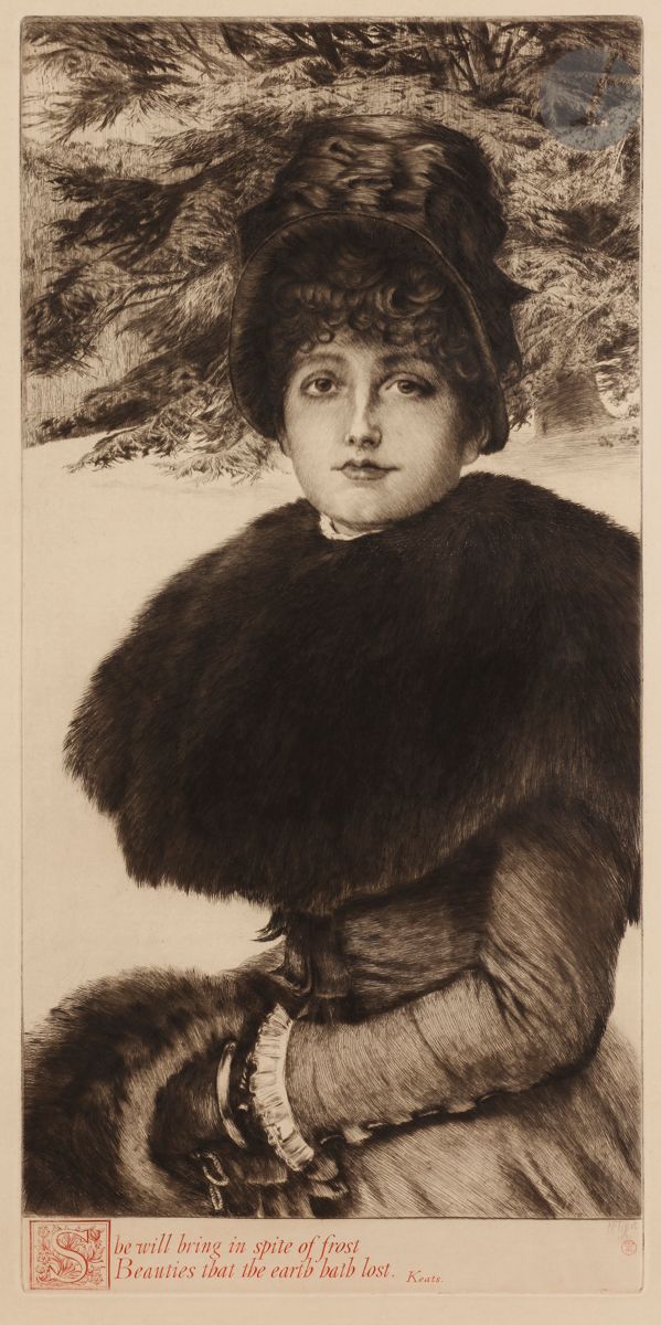 James-J.-J. Tissot (1836-1902) 
Promenade dans la neige. 1880. Eau-forte et pointe sèche. 265 x 566. Wentworth 48. Superbe épreuve sur vergé fort, du 2e état (sur 3), avec la lettre tirée en rouge, timbrée (Lugt 1545). Infimes plis cassés et légères ondulations aux bords du feuillet. Minuscule tache d’encre en pied. Toutes marges.