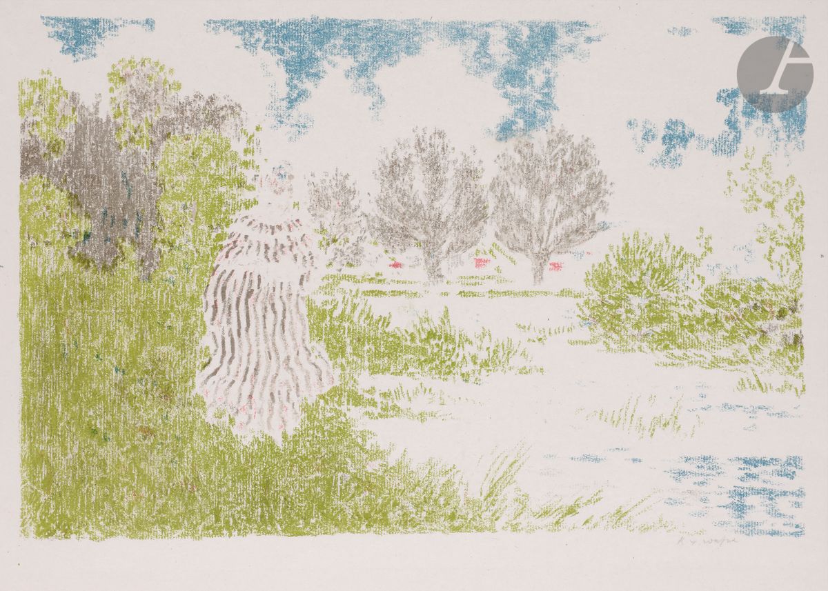 Ker-Xavier Roussel (1867-1944) 
Femme en robe à rayures. (Pl. de la suite Paysages). 1898. Autographie. 322 x 212. Salomon 16 ; Johnson 134-3. Impression en couleurs. Très belle épreuve sur chine volant, signée au crayon. Petite trace de colle dans l’angle supérieur droit. Belles marges, légèrement réduites [400 x 297]. Tirage à 100 épreuves. A. Vollard éd.