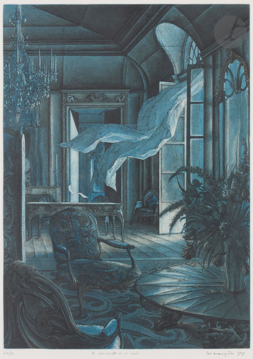 
Érik Desmazières (born 1948) 



The Wind blows where it wants. 1989. Etching and aquatint. 293 x 410, Fitch 119. Printed in black and blue. Very nice proof on vellum, numbered, titled, signed and dated in pencil. Margins. Edition at 90 proofs. Framed.



Note : After opening the frame, one can see that the framing has damaged the extreme lower edge of the sheet, which has been "forced" inside: small hole caused by a nail at the extreme edge in the center, and two small tears in the corners. In addition, a tiny thumbnail-sized scratch in the lower margin in the center.
