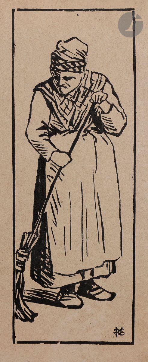 Henri Guérard (1846-1897) 
La Vieille balayeuse. 1896. Bois gravé. 145 x 418. Bertin 88. Très belle épreuve sur vergé chamois. Traces de plis. Toutes marges.