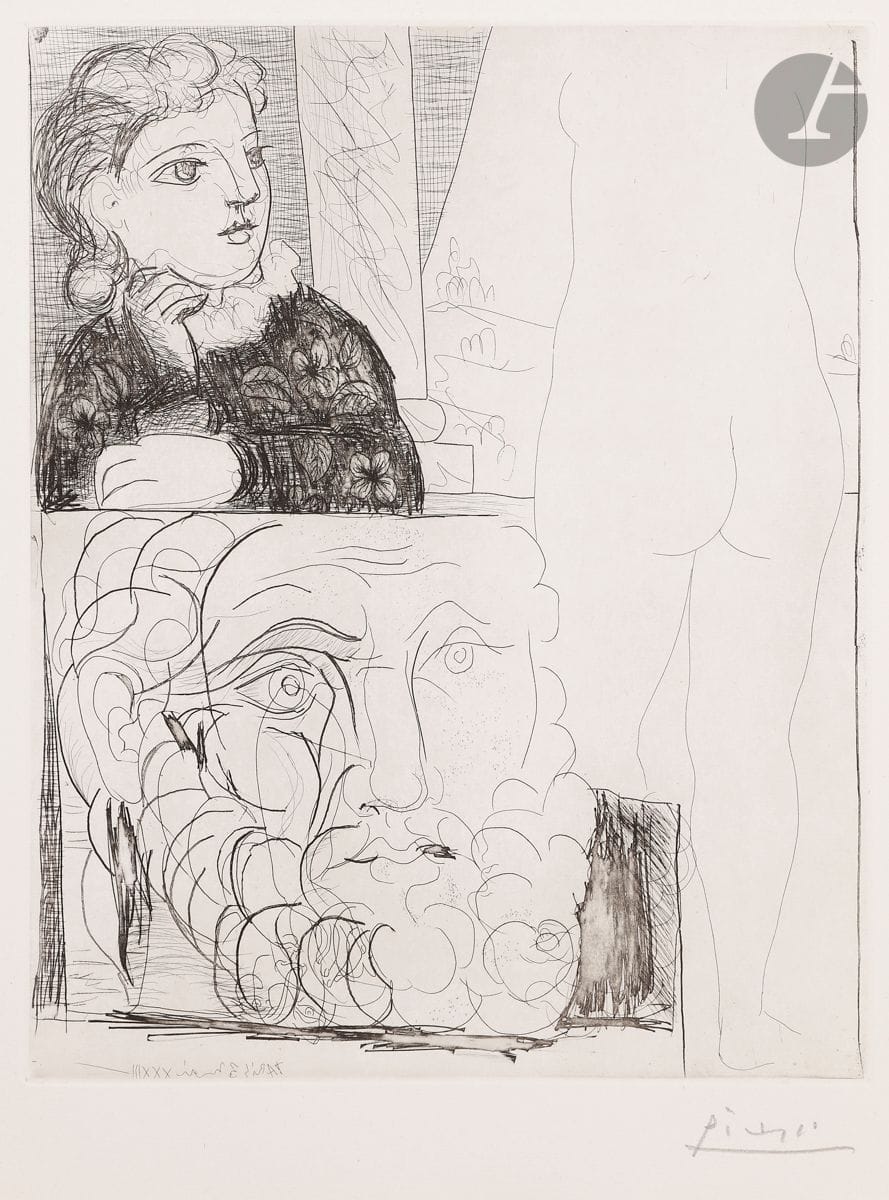 Pablo Picasso (1881-1973) 
 Suite Vollard
Femme accoudée, sculpture de dos et tête barbue. (Suite Vollard, pl. 71). 3 mai 1933. Eau-forte. 295 x 376. Bloch 184 ; Baer 343 B c. Parfaite épreuve sur vergé filigrané « Montgolfier », du tirage à grandes marges à 50 épreuves [385 x 500], signée au crayon. Très légère oxydation aux bords du feuillet. Toutes marges non ébarbées.