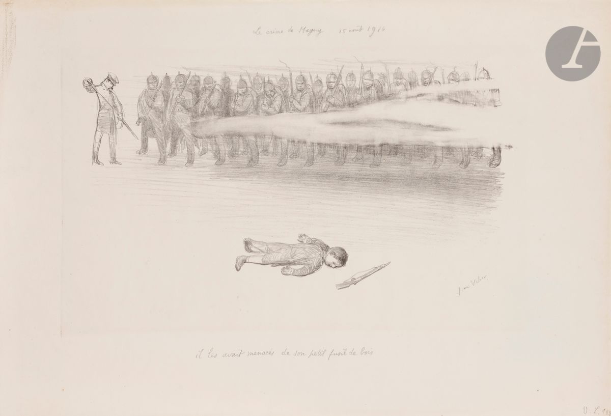 *Jean Veber (1868-1928) 
Pl. de la Série de la Guerre. 1914. Lithographie. Chaque [560 x 420] ou [550 x 380]. Veber et Lacroix 182 à 188. Belles épreuves sur vélin, la dernière légendée et signée au crayon. Infime oxydation aux bords du feuillet. Toutes marges. Ens. 7 p.