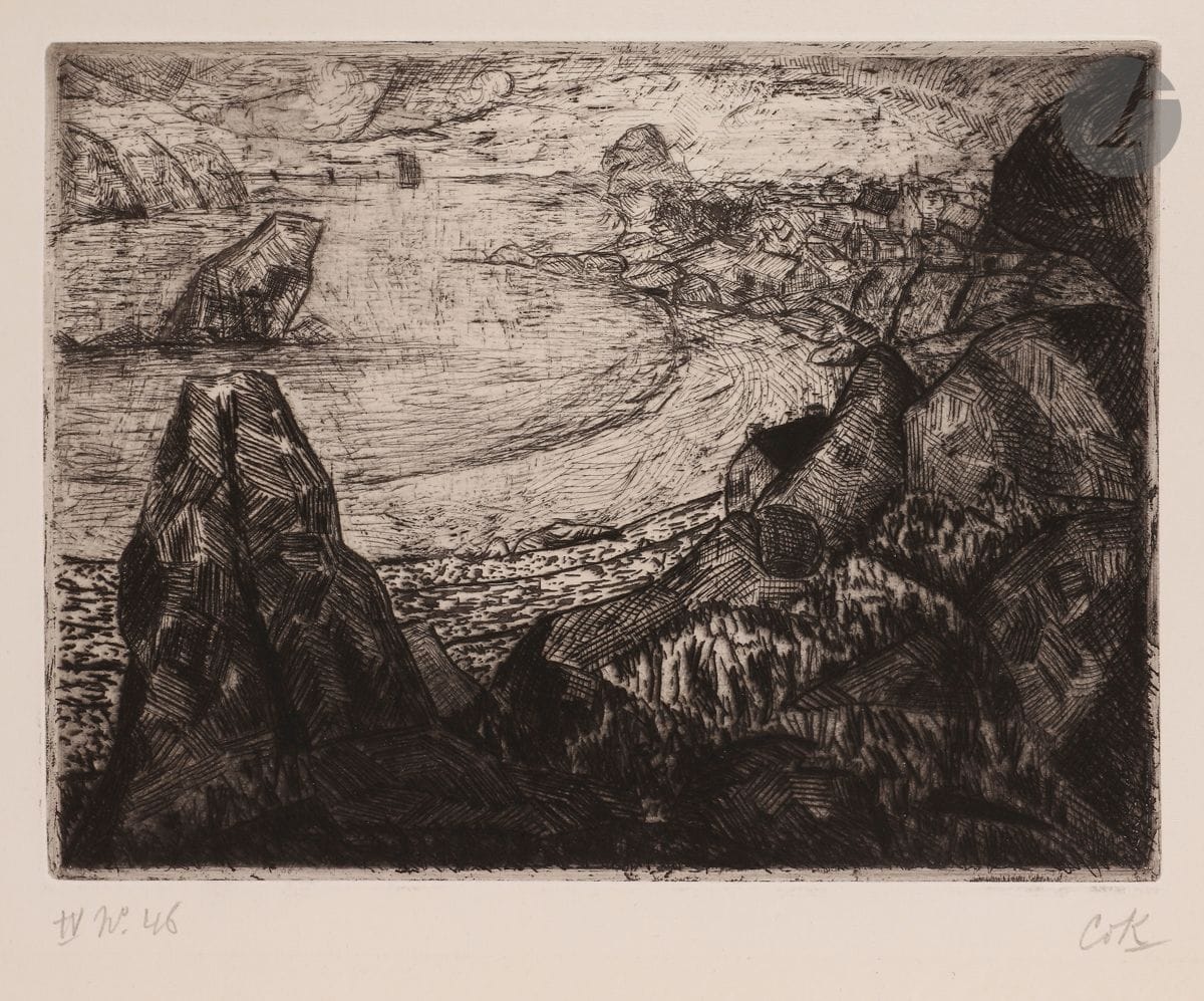 Conrad Kickert (1882-1965) 
Paysages de Bretagne. Album de six eaux-fortes par Conrad Kickert. Amsterdam, Cercle de l’Art moderne, [1913]. Un album in-fol. [340 x 510], contenant 6 pl. gravées à l’eau-forte sous chemise imprimée de l’édition (sans portefeuille). 240 x 180. Belles épreuves sur vélin ivoire, numérotées (numérotation non homogène) et signées du monogramme au crayon, sous passe-partout de l’édition. Quelques rousseurs claires éparses à certaines. Traces claires d’oxydation à l’ouverture des passe-partout. Toutes marges. Tirage à 50 ex. 

 Liste des planches : 
-Côte de Perros-Guirec
-Champs de culture Ploumanac’h
-La Baie de Saint-Guirec
-Le Port de Ploumanac’h
-Rocher dit « Le Chapeau de Napoléon »
-Le Moulin hanté dans la vallée des Traoirous