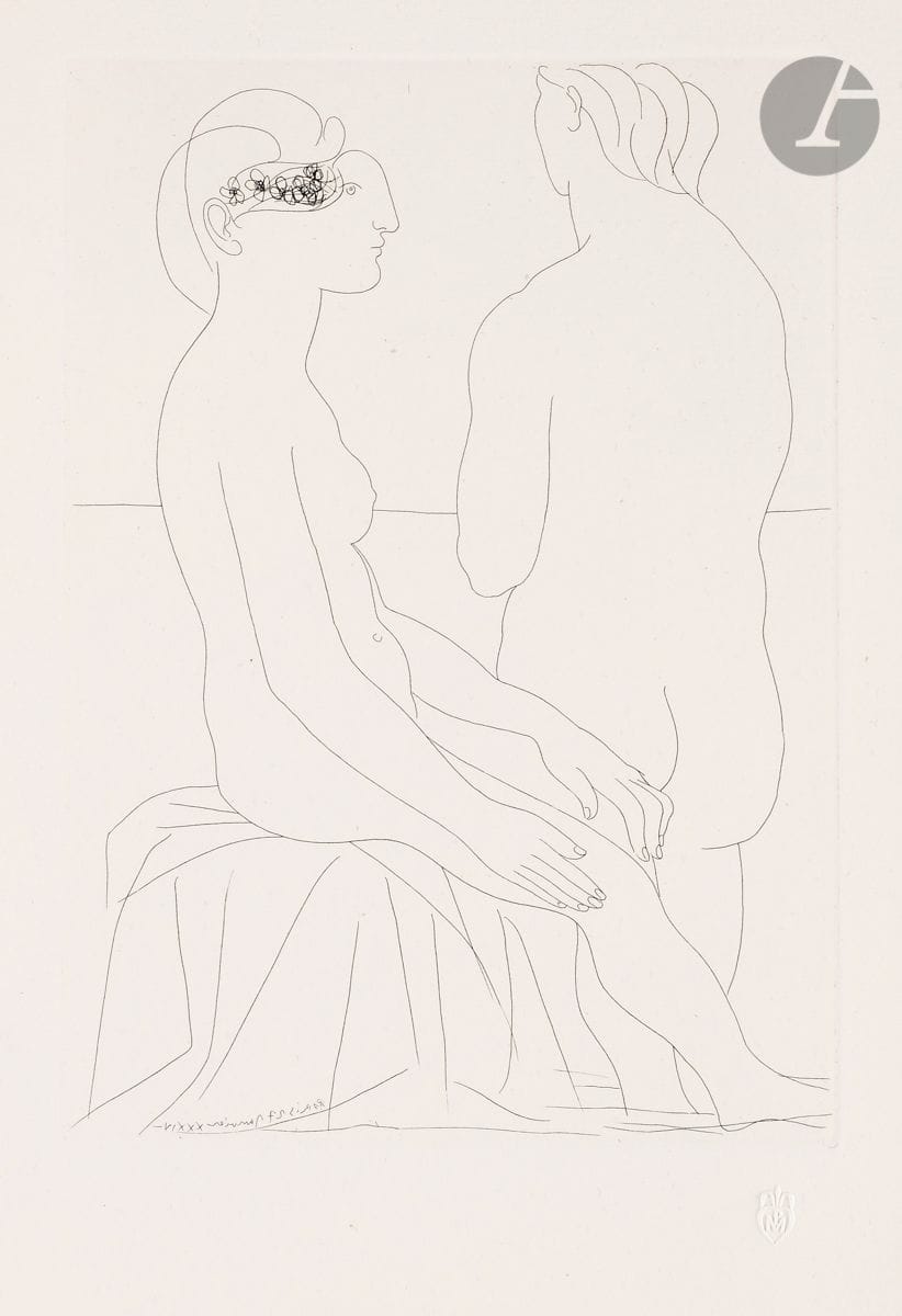 Pablo Picasso (1881-1973) 
Suite
VollardSitting
woman
and woman from behind. (Suite Vollard, pl. 78). January 27, 1934. Etching. 222 x 313. Bloch 206; Baer 404 B d. A perfect proof on Montval laid paper watermarked "Picasso," from the small-margin print run of 260 proofs [340 x 445], unsigned. Very slight oxidation at the edges of the sheet. A few tiny marginal rust spots, inherent to the texture of the paper. All margins untrimmed.

 