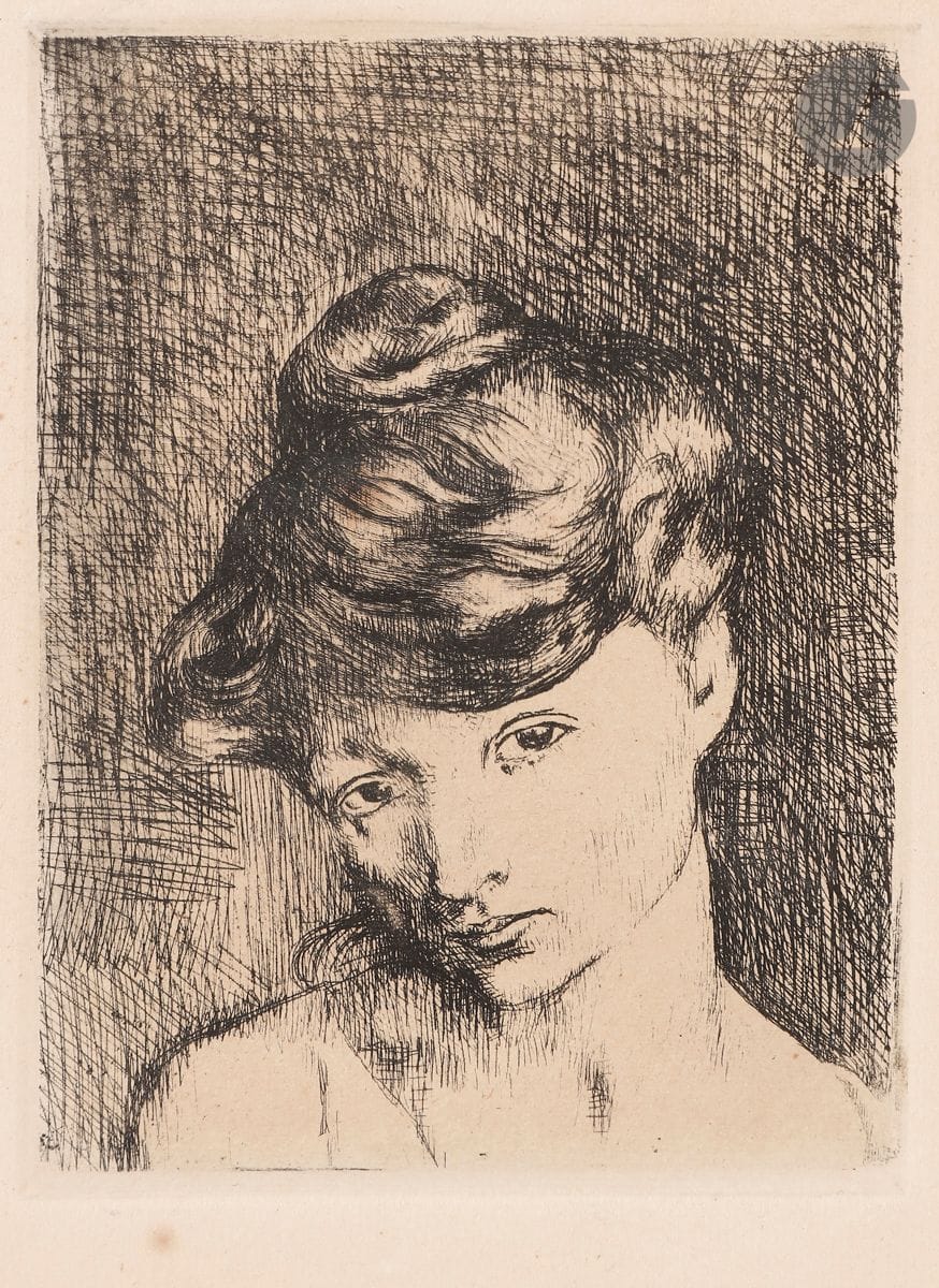 Pablo Picasso (1881-1973) 
Tête de femme : Madeleine. 1905. Eau-forte. 85 x 118. Bloch 2 ; Geiser-Baer 3 b 2. Bonne épreuve sur vélin fort ivoire, du tirage à 250 épreuves effectué pour Ambroise Vollard en 1913. Forte oxydation du feuillet. Une rousseur sous le coup de planche. Marges réduites [210 x 275].