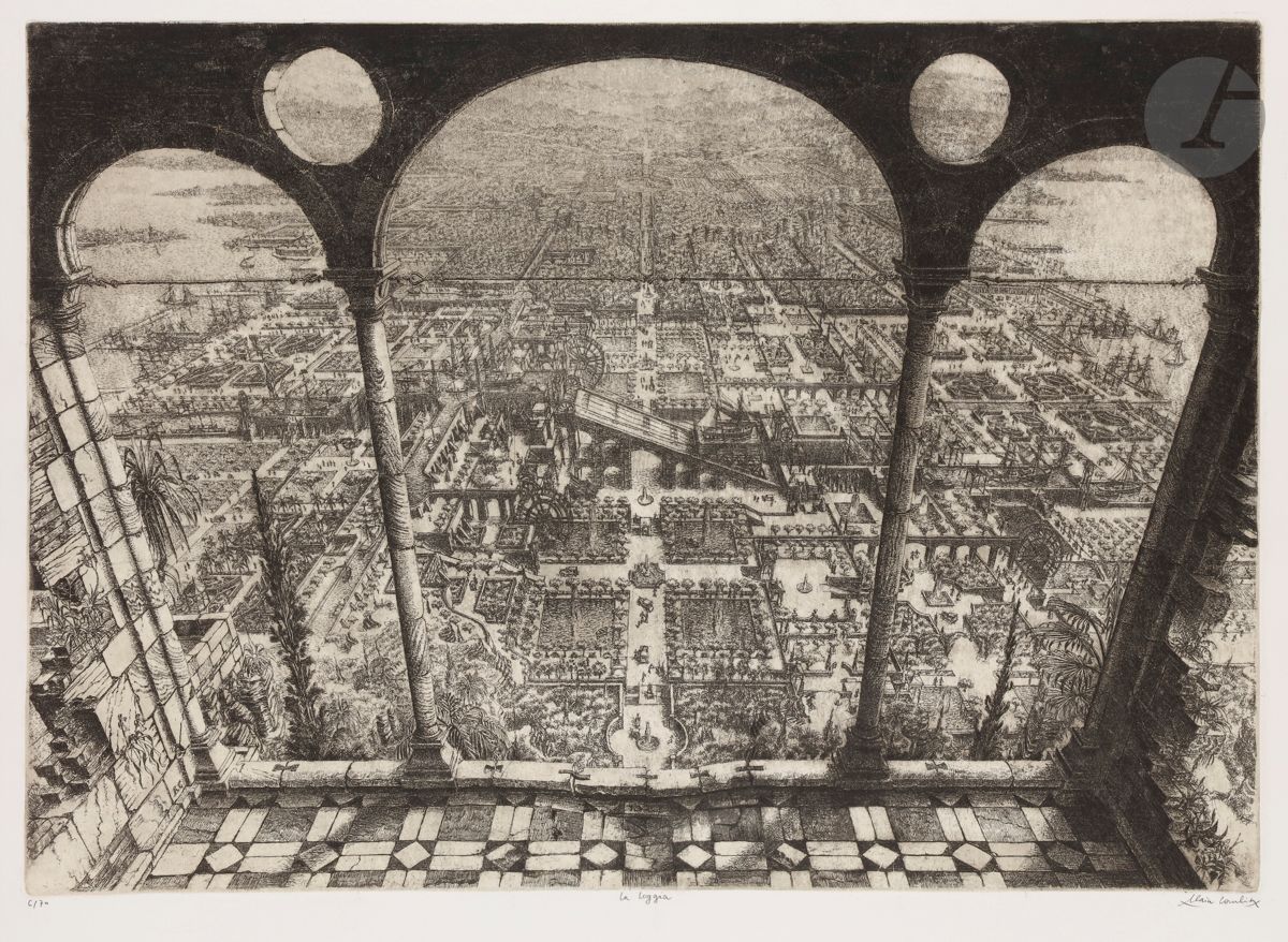 Alain Combier (born 1950) 
La Loggia. 1991. Etching and burin. 705 x 495. Very nice proof on strong white vellum, numbered, titled and signed in pencil. Slight oxidation at the right edge of the sheet and tiny broken folds. All margins. Edition at 70 proofs.
