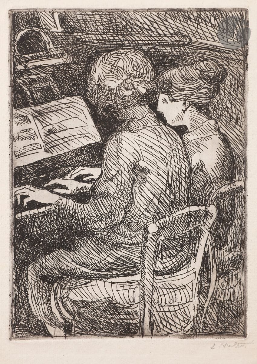 Louis Valtat (1869-1952) 
Deux femmes au piano. Vers 1920. Eau-forte. 175 x 253. Très belle épreuve sur vergé, signée au crayon. Restes de papier gommé dans les angles au verso. Petit manque dans l’angle inférieur gauche du feuillet. Toutes marges. Joint : Jeune femme au bandeau. Vers 1920. Eau-forte. 138 x 195. Épreuve sur vergé ancien mince, timbrée (Lugt non décrit). Pli cassé et longue déchirure oblique traversant l’angle inférieur gauche du sujet. Toutes marges. Ens. 2 p.