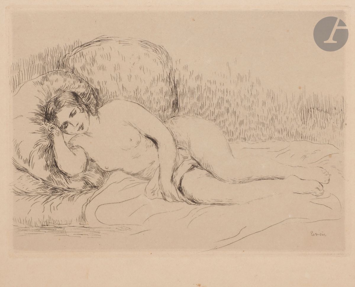 Pierre-Auguste Renoir (1841-1919) 
Femme nue couchée, tournée à gauche. Vers 1906. Pointe sèche. 195 x 140. Delteil, Stella 15. Belle épreuve sur vélin ivoire, illustrant un prospectus et portant au verso le texte imprimé annonçant la parution de l’Histoire des Peintres Impressionnistes par Th. Duret. Traces de colle dans deux angles au verso. Toutes marges.