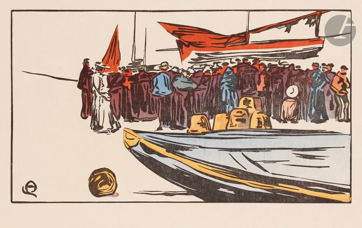 Amédée Joyau (1871-1913) 
La Vente du poisson (Yport). 1902. Bois gravé. 218 x 118. Curtis 41. Impression en couleurs. Très belle épreuve sur vélin ivoire. Toutes marges.