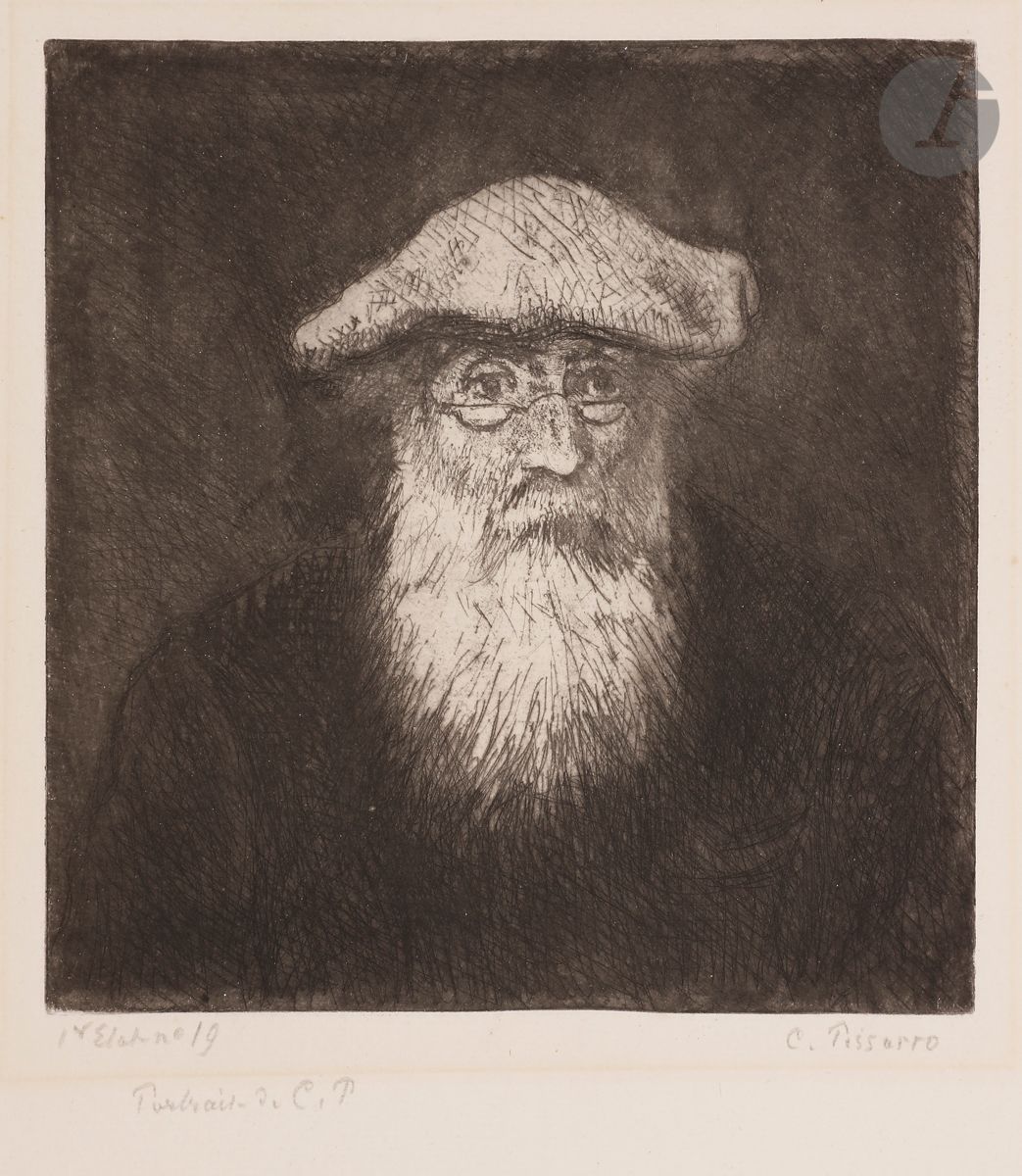Camille Pissarro (1830-1903) 
Camille Pissarro, par lui-même. Vers 1890. Eau-forte et pointe sèche sur zinc. 175 x 185. Delteil 90. Très belle épreuve tirée légèrement de guingois sur vergé filigrané « mbm », annotée par l’artiste « 1er Etat n° 19 / Portrait de C. P » puis signée. Trace claire d’oxydation à l’ouverture d’un ancien montage. Petits restes d’onglets et traces de colle en tête au verso. Toutes marges [260 x 360]. Tirage à 28 épreuves du vivant de l’artiste. Tirage posthume à 22 épreuves. Ex-coll. K. Sponagel-Hirzel (Lugt 2929a). 

 En dépit de l’inscription portée par l’artiste, il s’agit en réalité du 2e état sur 2. Le tout 1er état connu est rarissime. Sans doute l’artiste envisageait-il de poursuivre encore le travail sur cette planche – mais il s’est apparemment arrêté à cet état.