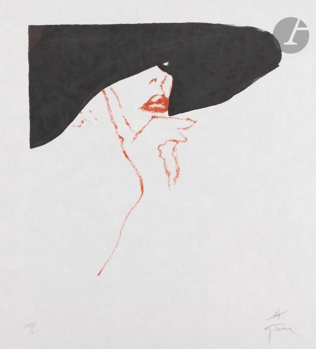 René Gruau (1909-2004) 
Femme à la capeline. Lithographie. 400 x 448. Impression en deux tons (noir et sanguine). Très belle et fraîche épreuve sur japon nacré, numérotée en chiffres romains et signée au crayon. Toutes marges. Tirage à 45 épreuves sur ce papier. Cadre.